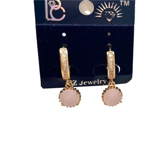 Gold-Tone Hoop/Drop Earrings Pink Stone – Elegant & Feminine Look Chic Unique - Picture 2 of 5